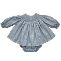 spanish hand smocked baby dress in blue floral fabric