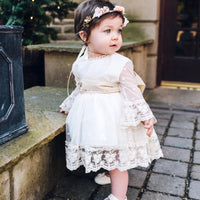 baby girl wearing cream lace dress hand made in Spain by sonata